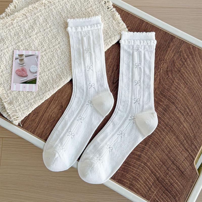 Sock - Spring/Summer Lightweight Solid Color Opened-Up Layered Socks with Earwig Lace and Mid-Calf Length