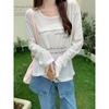 Letter printed loose slightly translucent top with large neckline sun protection air-conditioning blouse long-sleeved cool T-shirt for women in summer