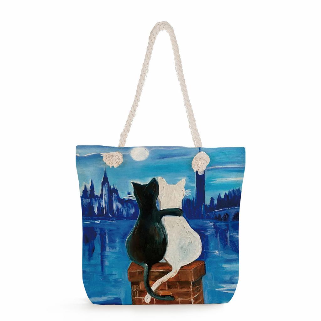 Cat print thick rope single-shoulder beach bag 7215