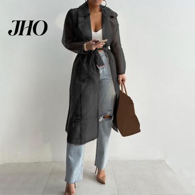 Women Coat Shirt Net Yarn See Through Spring Summer Lace-up Long for Daily Wear