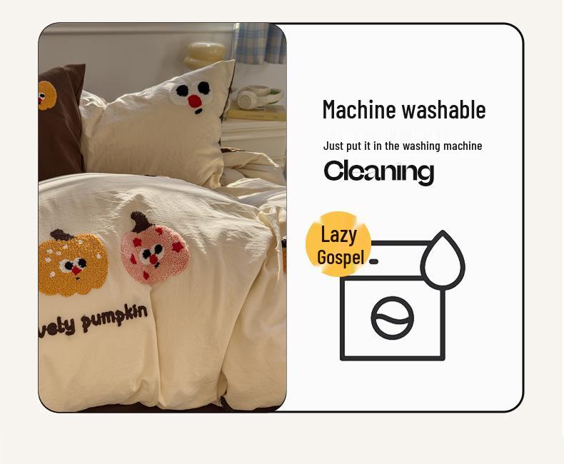 Cartoon Embroidered Cotton Terry Bedding Set - Skin-Friendly, Washable, 4-Piece Set with Bed Sheet and Duvet Cover (Student Size)