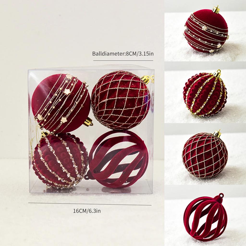 4 Red Painted Velvet Christmas Ball Ornaments Christmas Tree Baubles Christmas Decorations Home Party Decorations