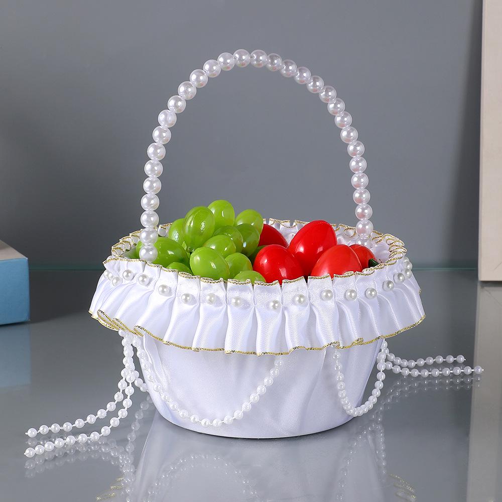 European White Pearl Flower Girl Basket – Satin Trim for Wedding Petals