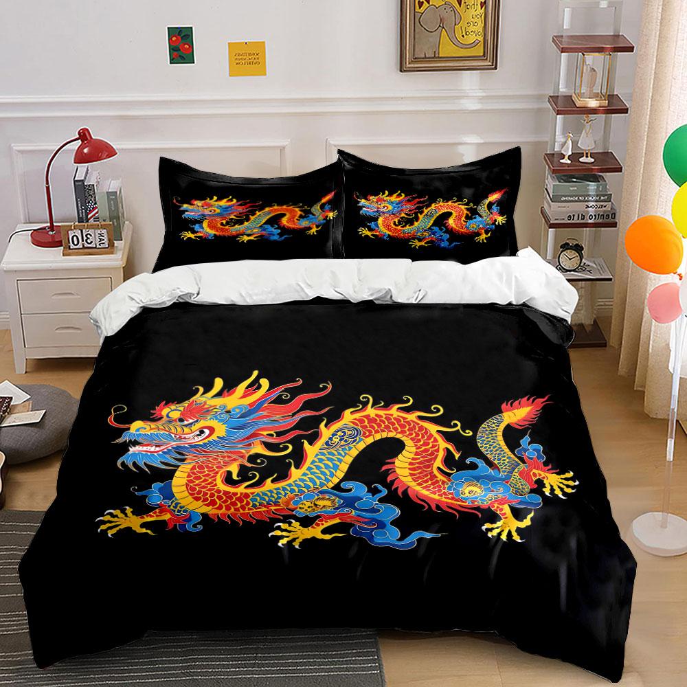 Chinese Dragon Decorative Set Bedding Set With 1 Duvet Cover 2 Pillowcases Single Double King Queen, Gift