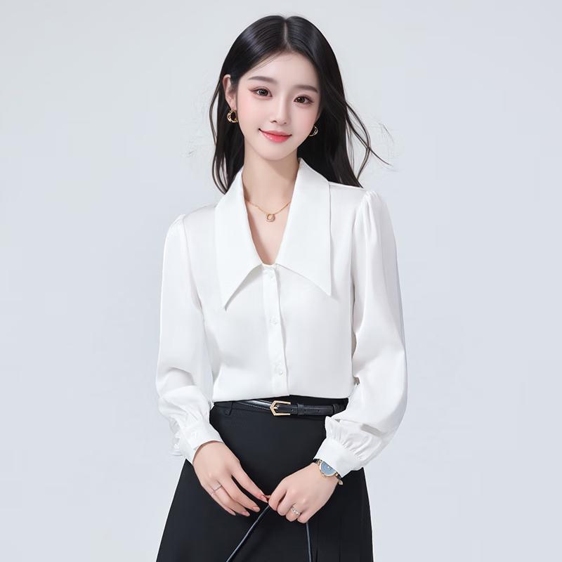 

TROMAN Women s White Satin French Pointed Collar Blouse S