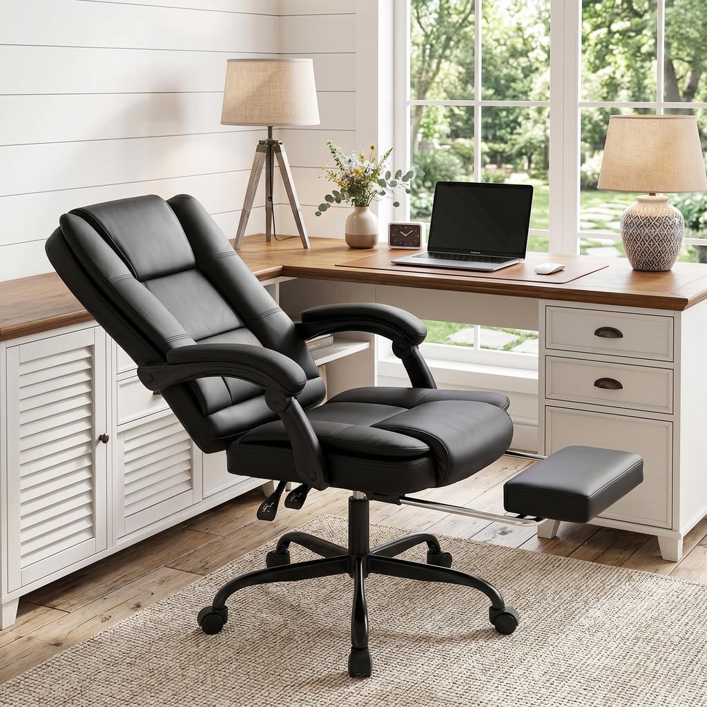 Office Chair, Ergonomic, Reclining PU Leather, Retractable Footrest, Height Adjustable, Black