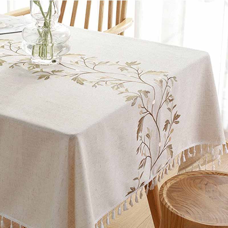 Nappe Brodée en Coton et Lin avec Pompons - Housse de Table Carrée Rectangulaire Ronde pour Table à Manger Table Basse Décoration de Maison