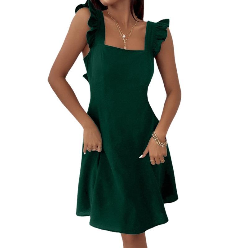 

JKASHDK женские модные весенне-летние однотонные повседневные платья без рукавов с квадратным воротником и средней талией S темно-зеленого