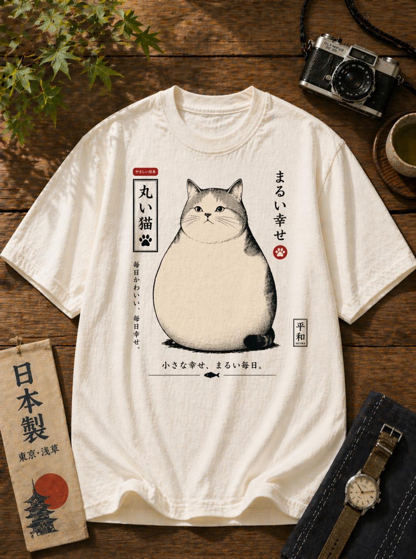Chubby Cat Zen T-Shirt – Japanese Minimalist Cat Illustration Dark Chocolate Tee M