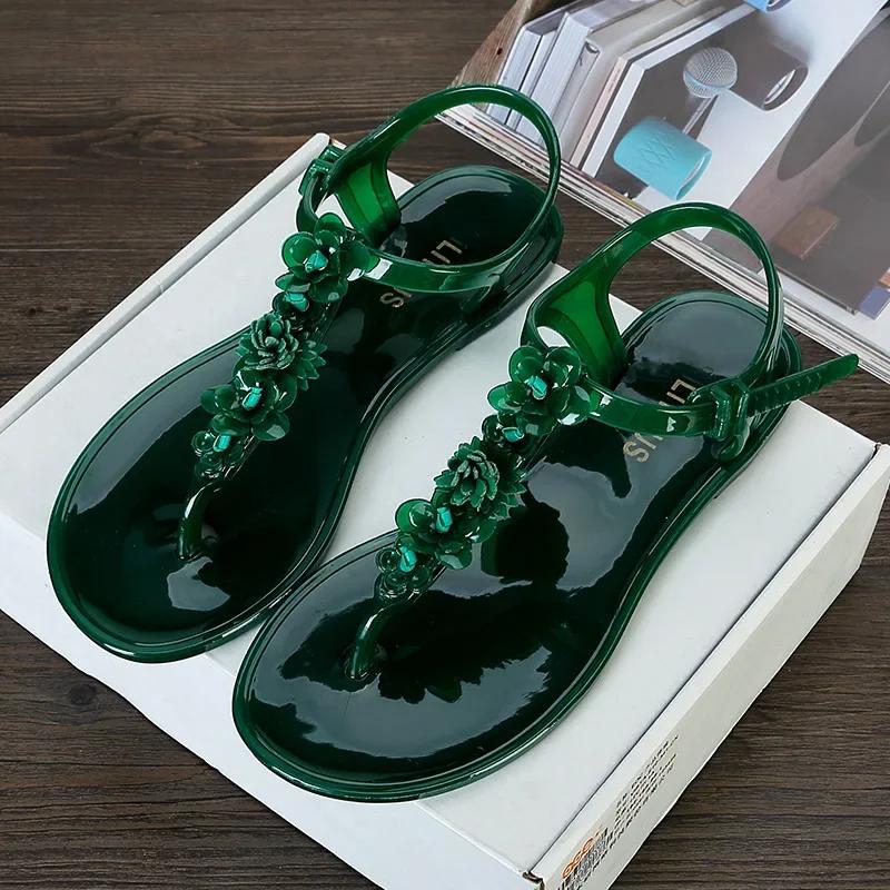

Fashion Women s Flat Jelly Sandals Comfort Water Summer Beach Jellies Thong Sandal Ladies Floral Flip flops T-strap Slides 40