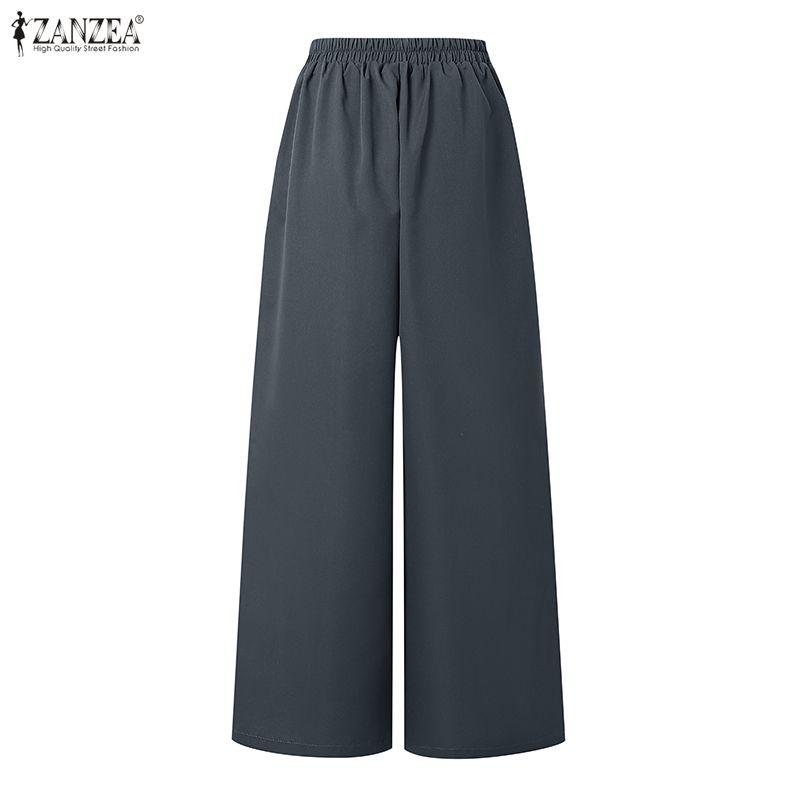 ZANZEA Pantaloni lunghi larghi larghi in vita elastica casual da donna