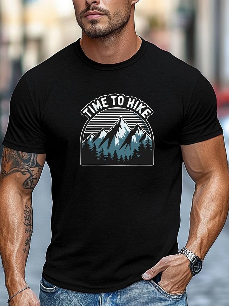 Mens Hiking TShirt Time To Hike Mountain Print Short Sleeve Round Neck Breathable Oversized Daily Wear TShirt