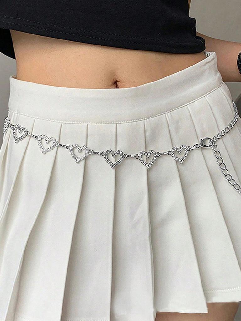 1pc Chaîne de taille tendance en strass en forme de cœur Ceinture tressée en métal pour femmes, Coupe parfaite pour les robes d'été avec un style polyvalent et personnalisé