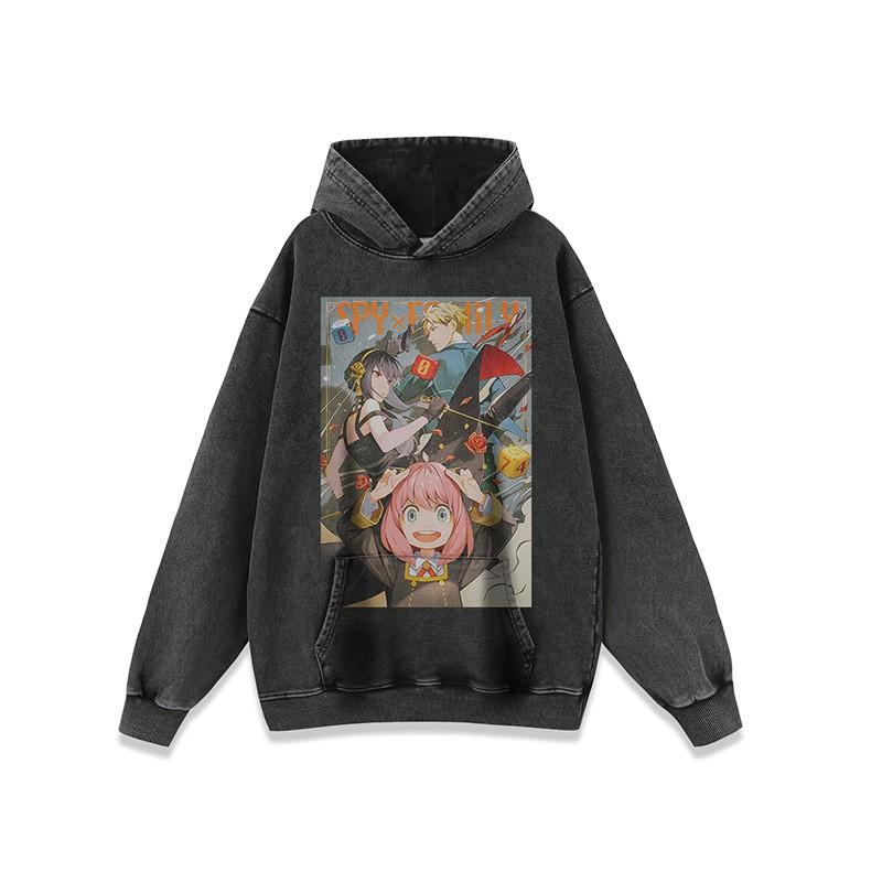 Mens Oversized Hoodie With Japanese Hip-Hop Cartoon Print Vintage Streetwear Cotton Sweatshirt Loose Fit Long Sleeve