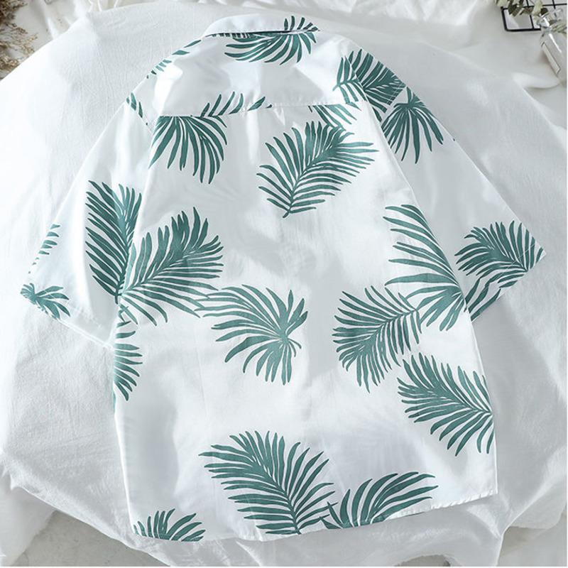 Mens Hawaiian Resort Style Palm Leaf Print Turn Down Collar Short Sleeve Shirts