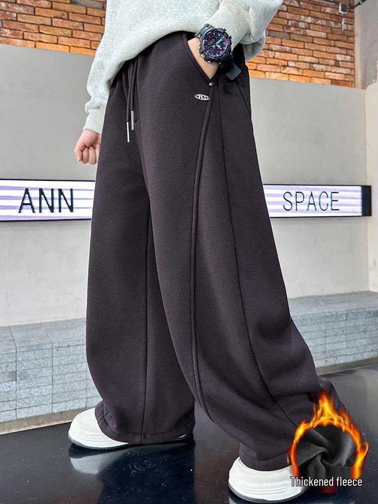 2025 New Boys' Fleece-Lined Thick Trousers: Autumn/Winter Korean-Style Sweatpants for Older Kids