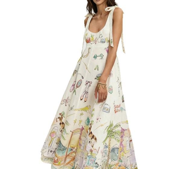 Vintage floral print lace-up suspender skirt long dress summer new women's bohemian niche dress