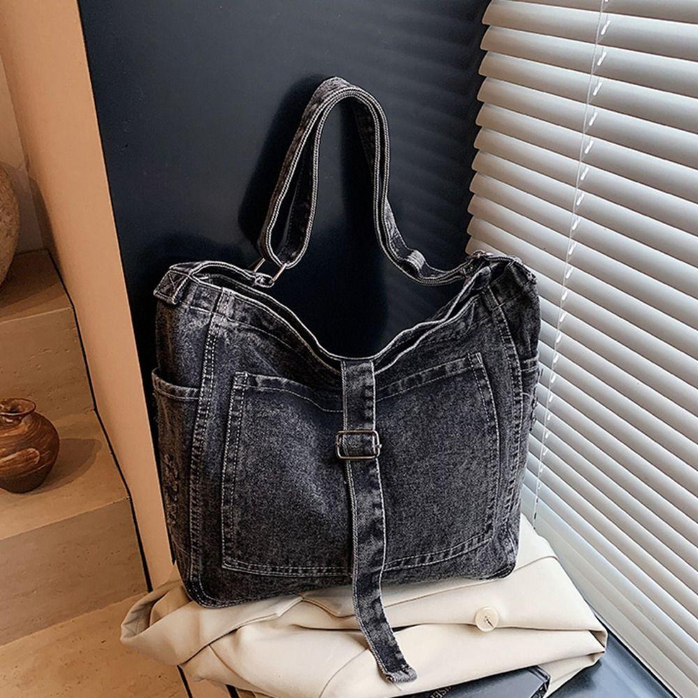 Shoulder Bag Denim Canvas Bag Buckle Strap Simple Tote Bag Simple Vintage Handbag  Students