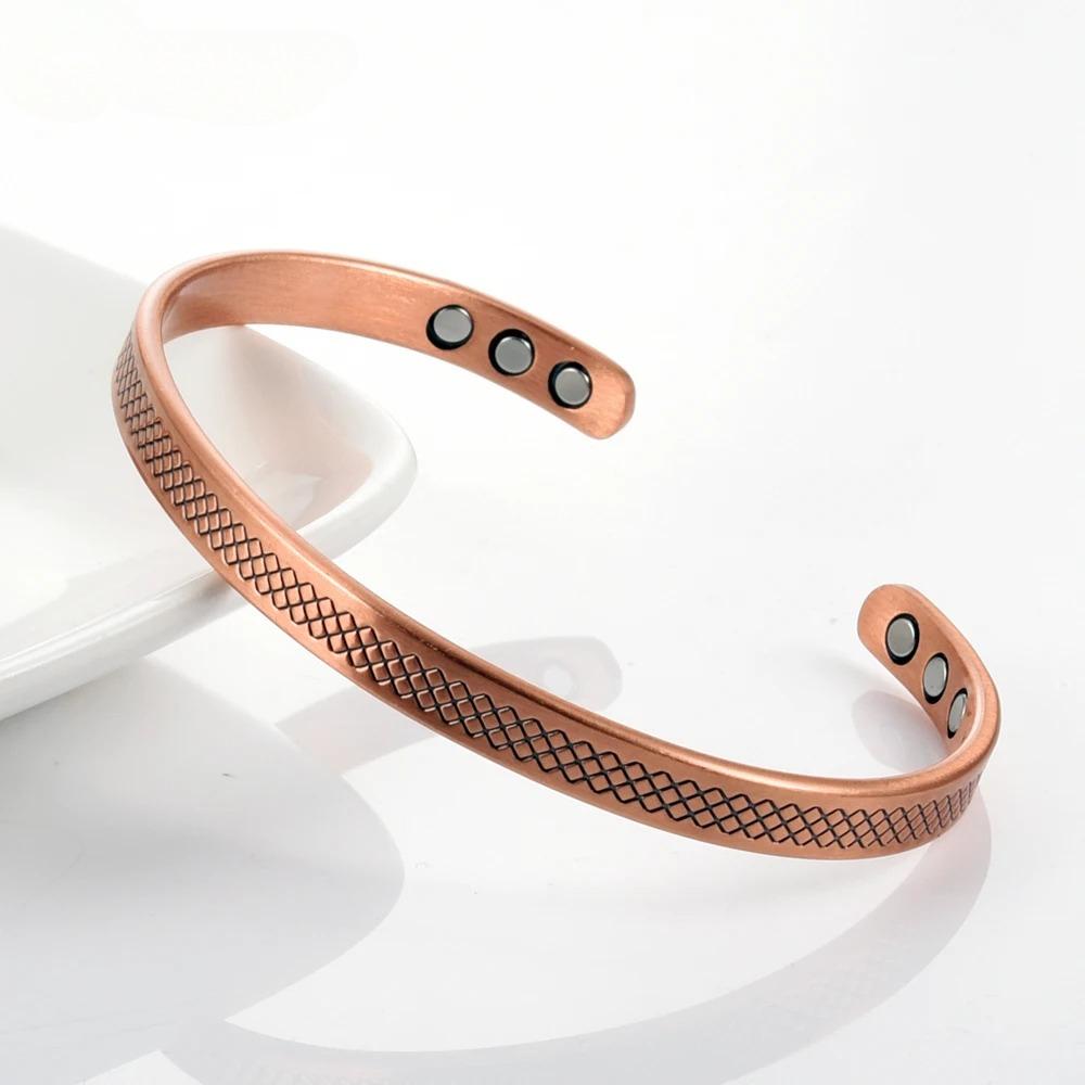 Vinterly Pure Copper Bracelets Magnetic Adjustable 6mm Wide Open Cuff High Magnet Health Energy Bangle Women Resizable Jewelry