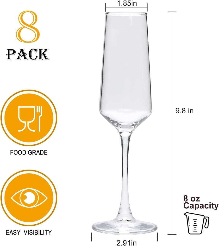 Champagne Glasses Set of 8, 8oz Clear Flutes for Wedding, Party, Prosecco & Mimosas