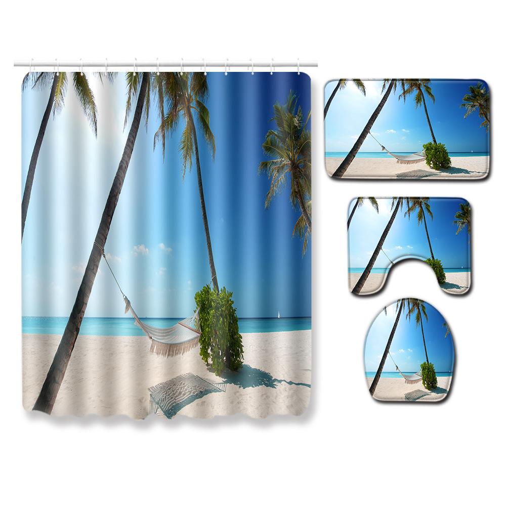 Beach Shower Curtain Floor Mat Combination Four-Piece Set Bathroom Toilet Carpet Shower Room Mat Foot Mat