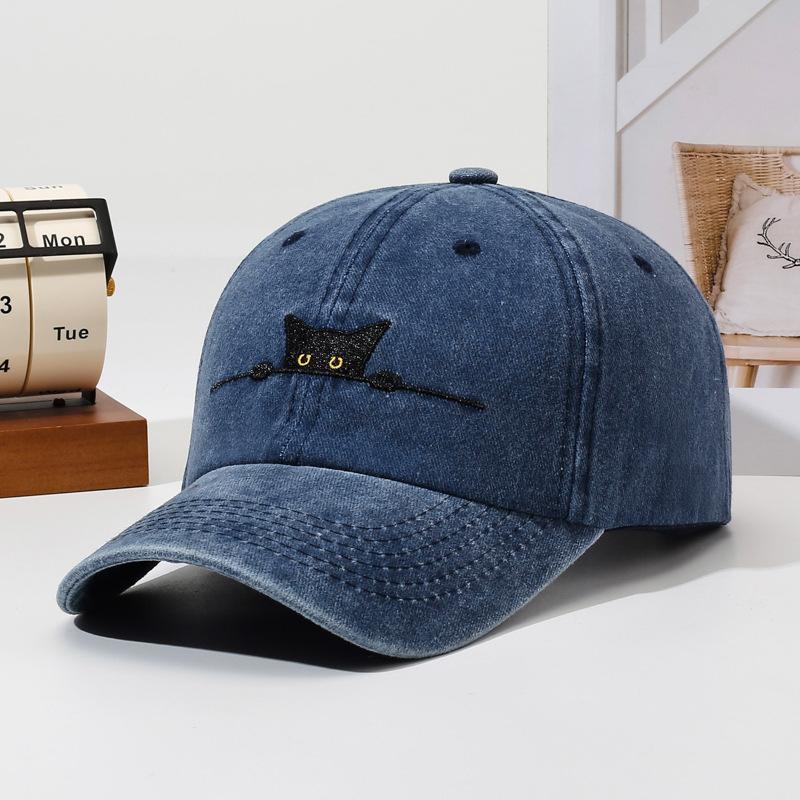 Cat Embroidery Washed Baseball Cap Versatile Fashion Daddy Cap Adjustable Sunscreen Sports Cap Spot Black