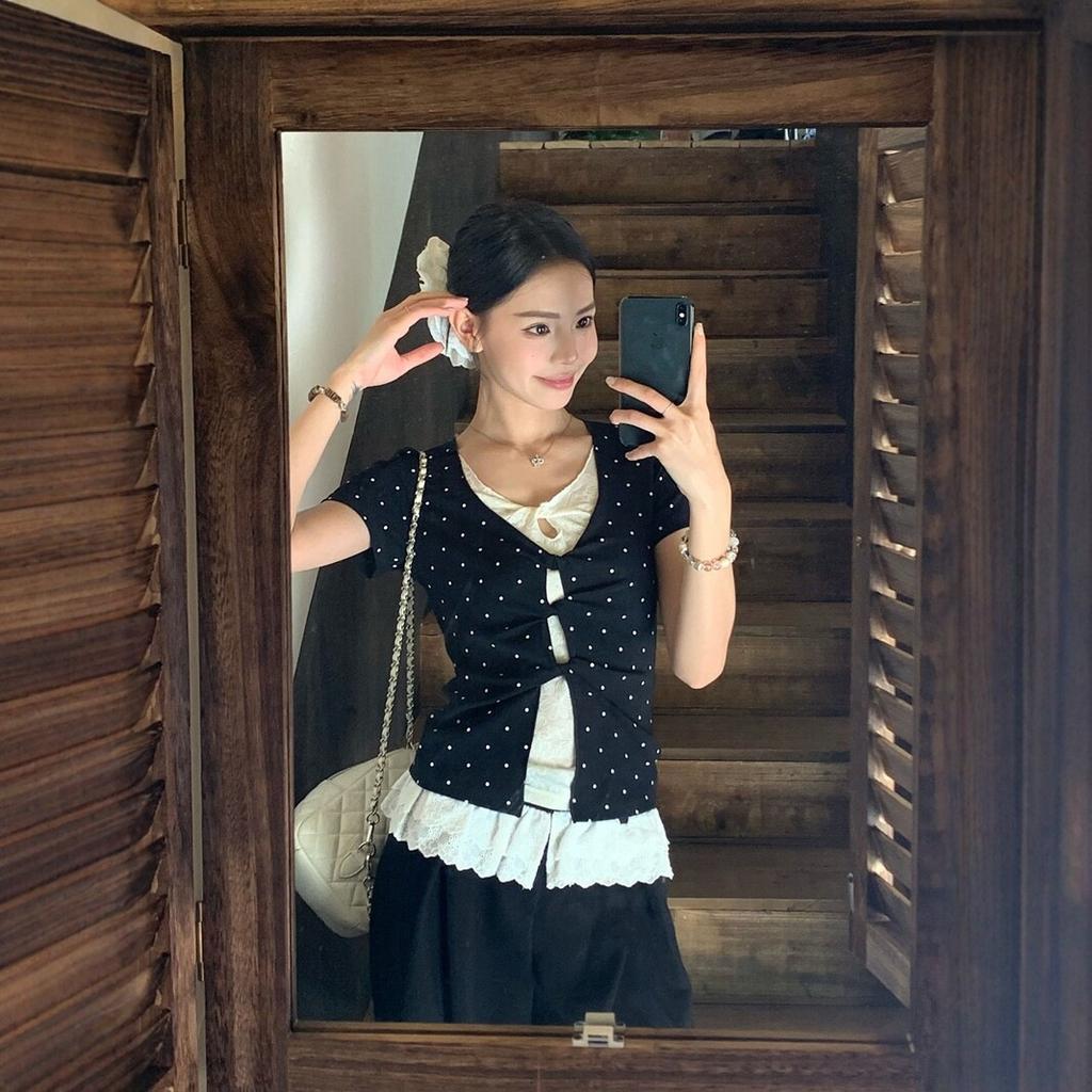 [Keren Cotton Modal] Korean polka dot printed fake two-piece lace short-sleeved T-shirt women's slim top summer