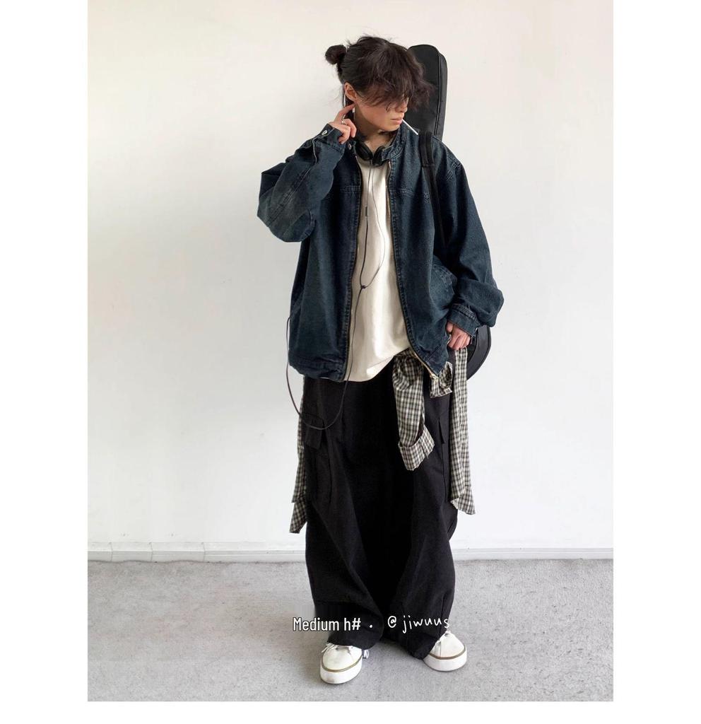 Pánská japonská retro distressed džínová bunda na jaro a podzim - Ležérní, volný střih pro páry