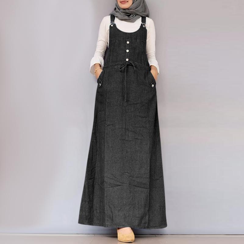 

ZANZEA Женская мусульманская повседневная повседневная юбка с квадратным воротником и карманами на поясе и подтяжках 3XL чёрный