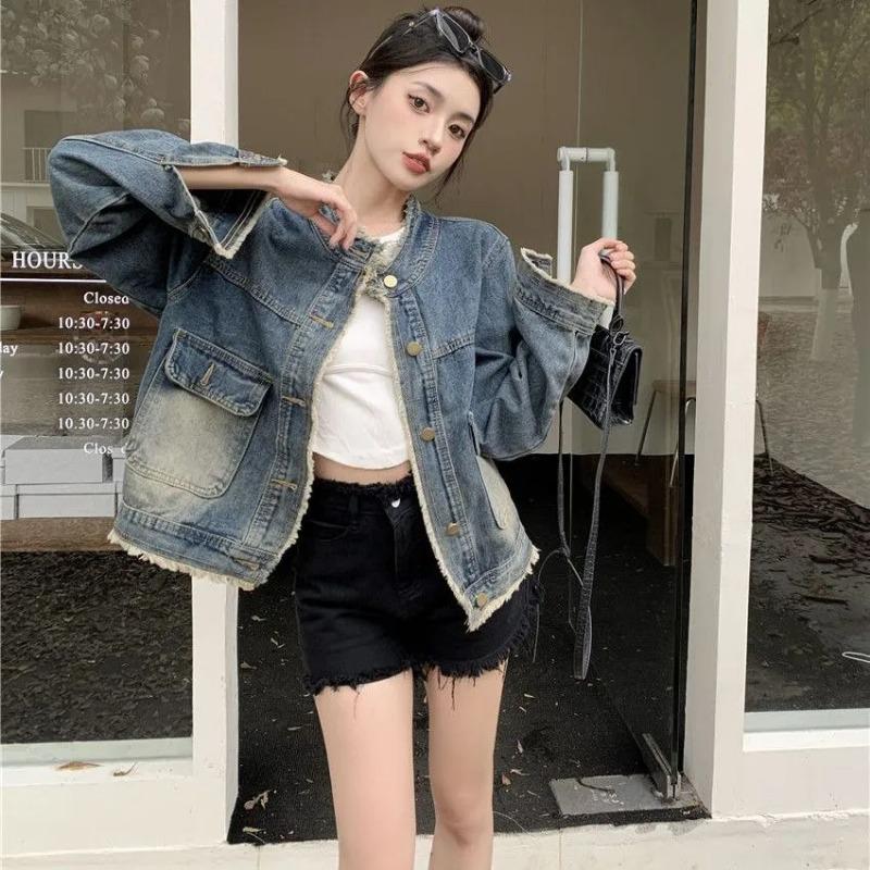 Denim Jacket Design Spring and Autumn New Style Round Neck Raw Edge Retro Washed Loose Top Jacket for Women