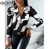 QICED Women's Fashion Casual Solid Color Print Long Sleeve POLO Neck Blouses & Shirts