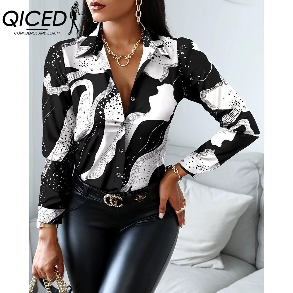 QICED Women's Fashion Casual Solid Color Print Long Sleeve POLO Neck Blouses & Shirts