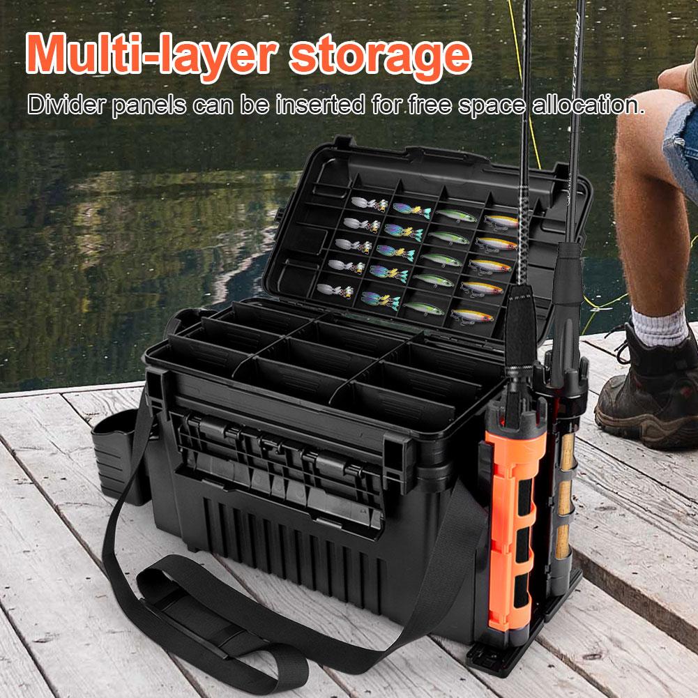 2 Tier Fishing Tackle Box Fishing Box with Cup & Rod Holder Fishing Organizer Case Adjustable Large Capacity Fishing Accessories