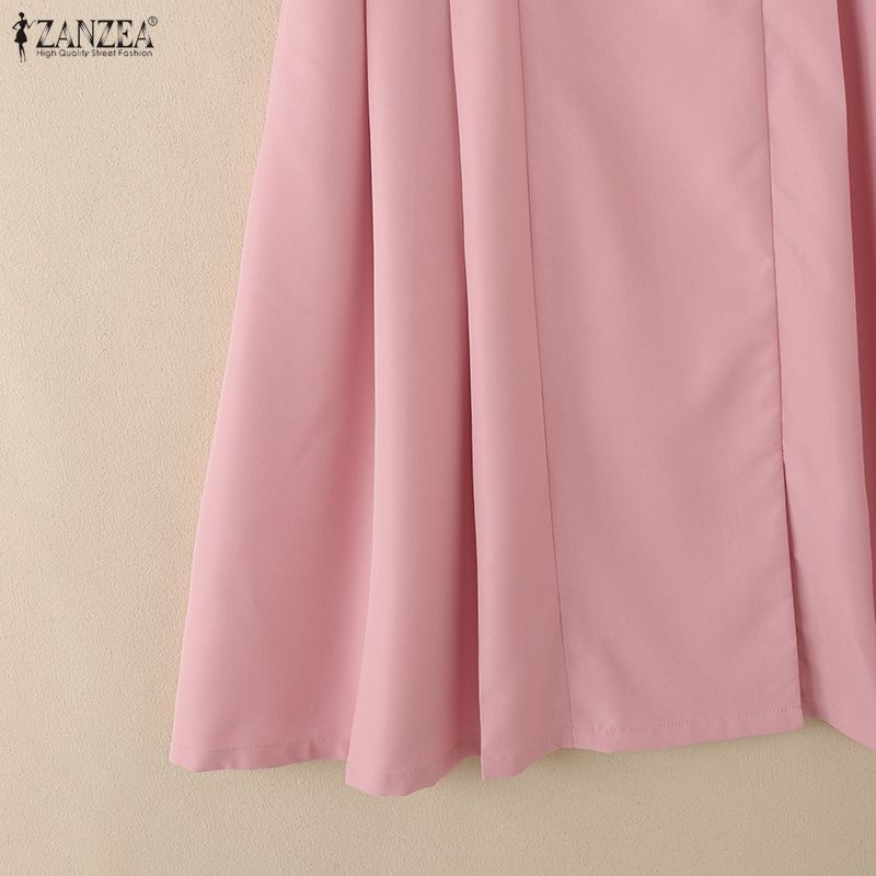 ZANZEA Vestido feminino casual gola virada para baixo verão manga curta