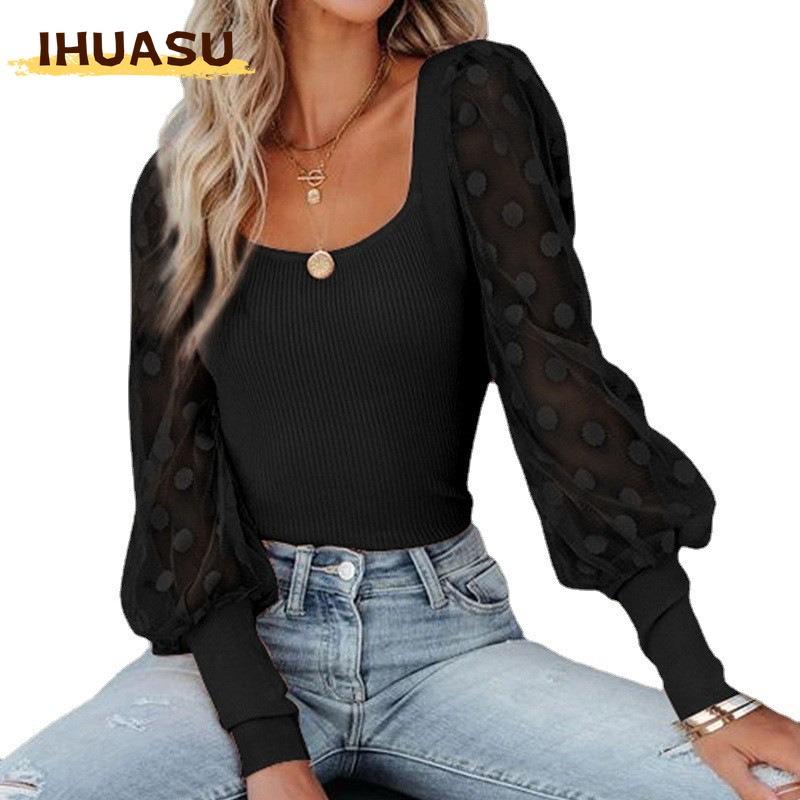 IHUASU Women's Fashion Casual Solid Color Print Square Collar Long Sleeve Blouses & Shirts