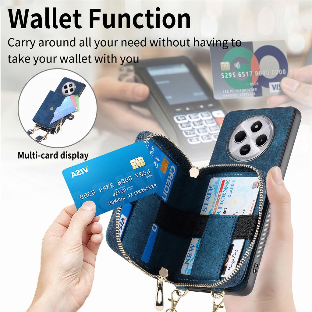 Zipper Wallet Phone Case For Xiaomi Redmi 14C 4G/14R 5G/Poco C75 4G Leather Kickstand Back Cover with Shoulder Strap