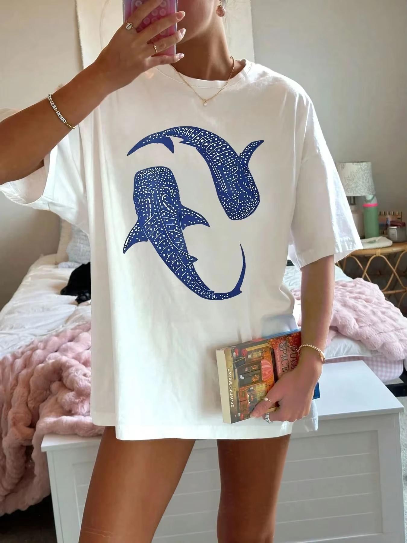 Womens Blue Whale And Shark Print TShirt Summer Casual Top Stylish Graphic Design Short Sleeve Tee S