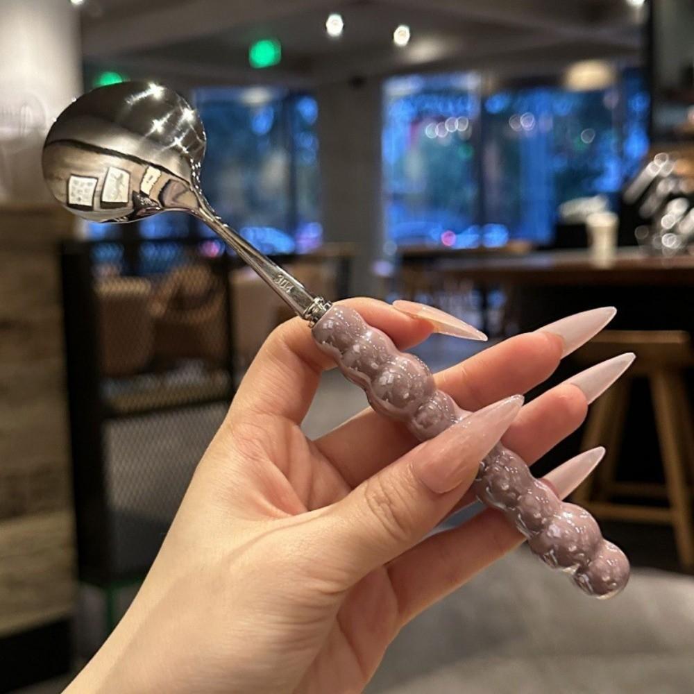 New Stainless Steel Pearl Handle Spoon Five-color Imitation Ceramic Stirring Spoons Long Handled Dessert Spoon Household