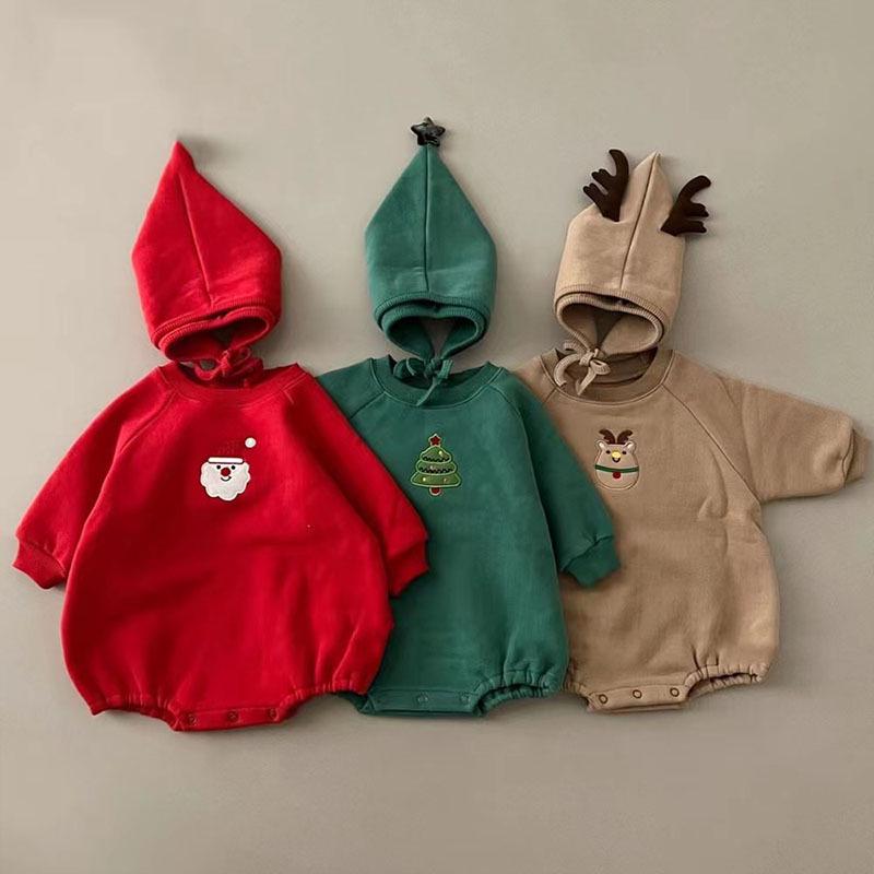 Korean Baby Christmas Outfit: Winter Fleece-Lined Cartoon Romper with Hat for Infants and Toddlers