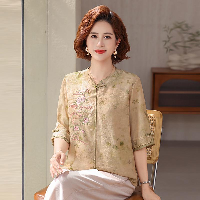 

2026 Summer Cotton-Linen Mid-Sleeve Chinese Style Shirt for Middle-Aged Women 5XL (150-165 jin) желто-зеленый