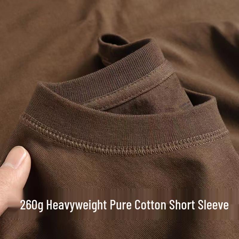 Wine Red Heavyweight Pure Cotton Short Sleeve T-Shirt, Thick Loose Half Sleeve, Small Collar Men's Plain Base Layer