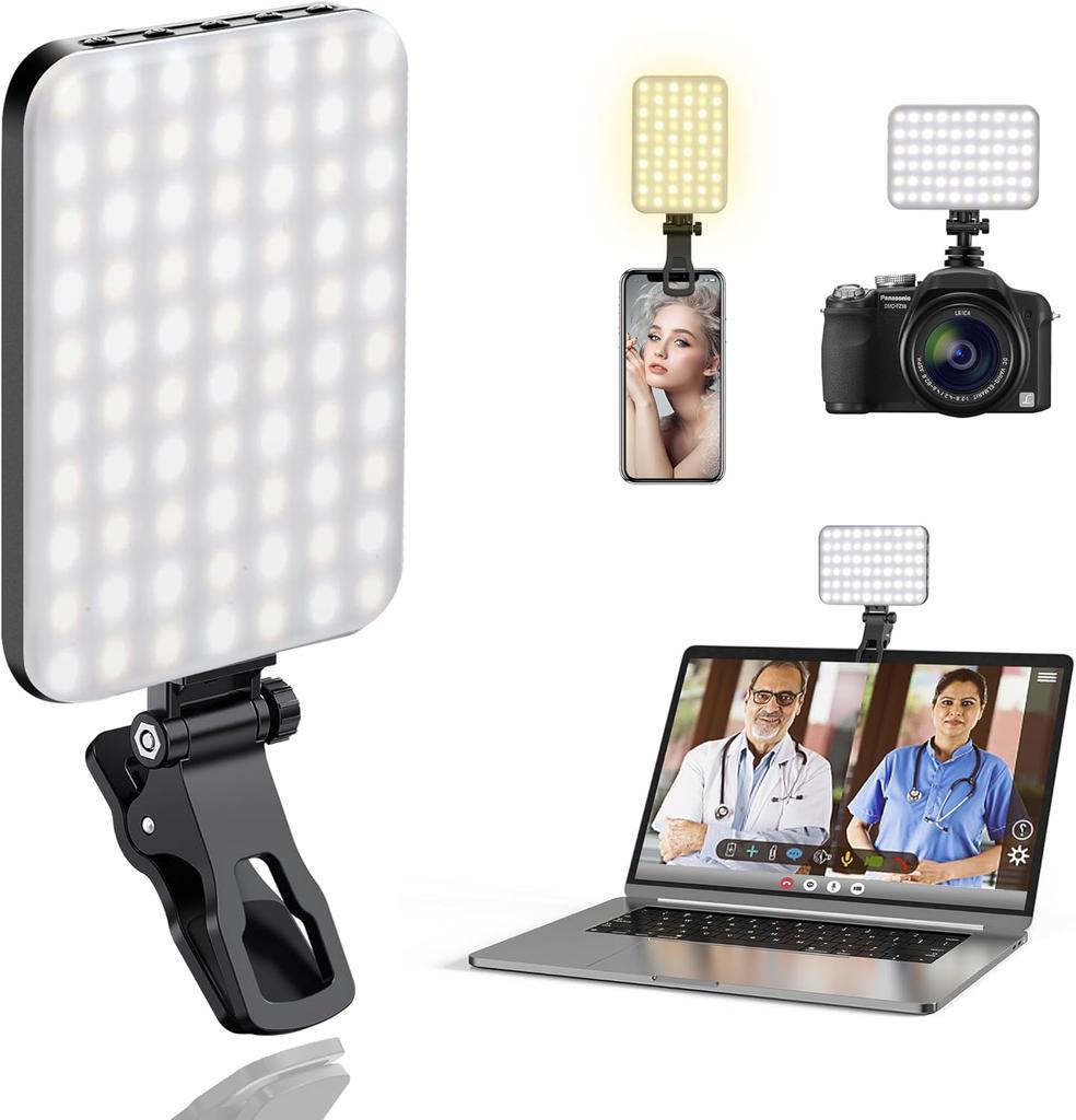 60 LED Portable Selfie Light Video Conference Lighting with Clip & Camera Tripod Adapter Rechargeable CRI 97+, 3 Light Modes