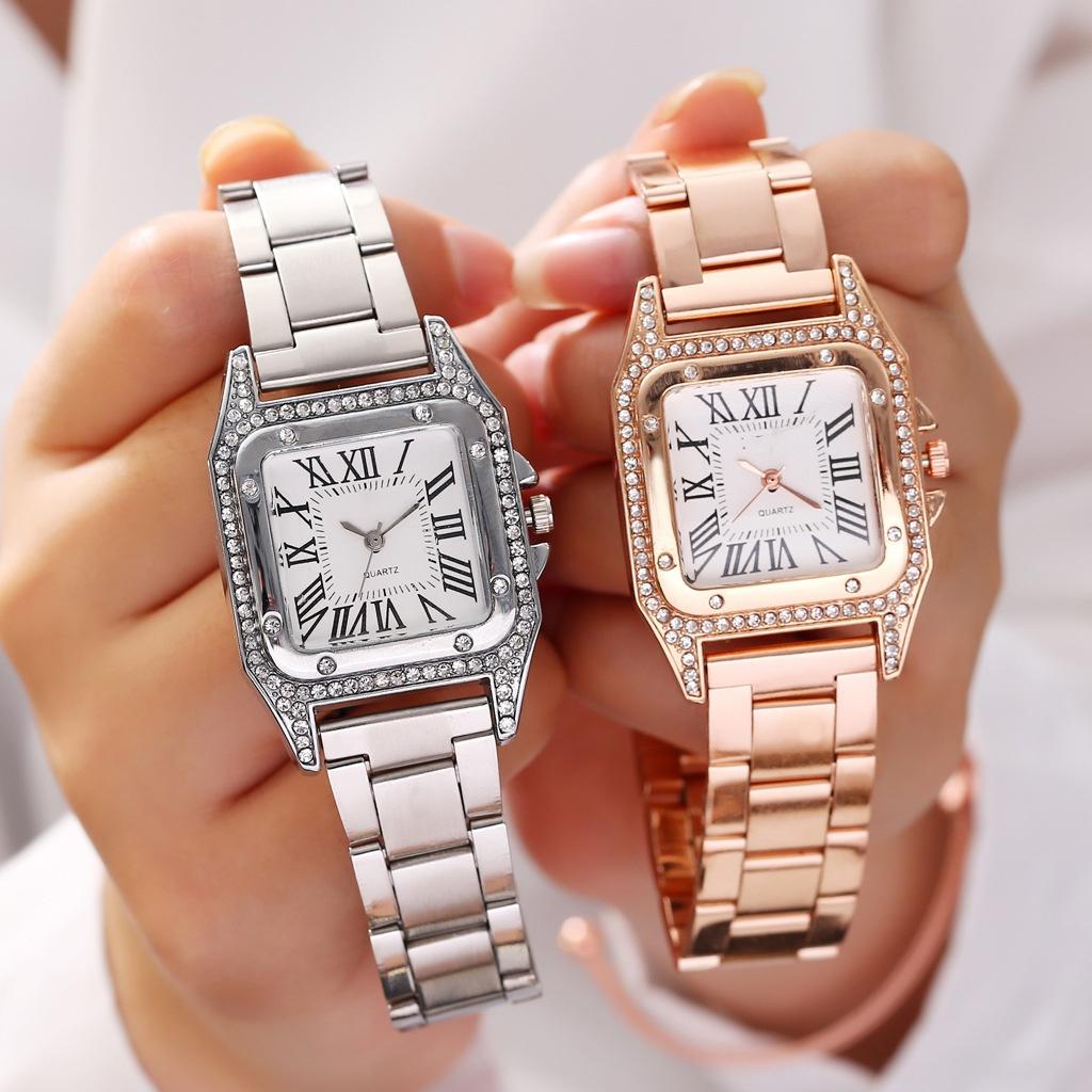 Fashion Luxury Women's Square Watch Diamond Steel Strap Roman Scale Dial Quartz Female Gift Clock Watches
