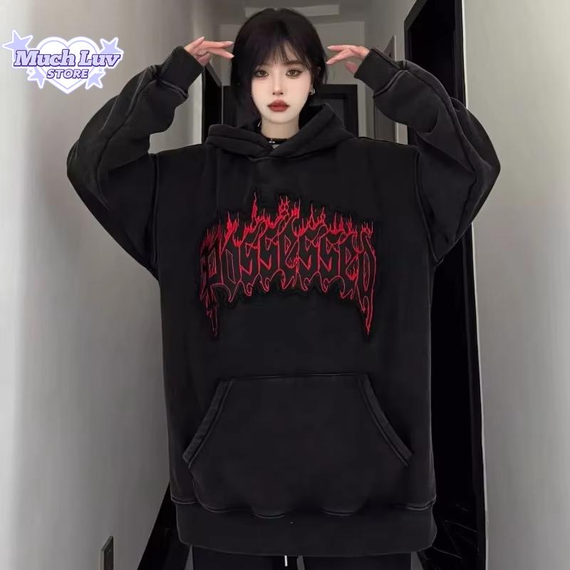Retro Flammen Buchstaben Bedrucktes Kapuzensweatshirt Herbst- und Wintermode Lässig Bequem Dicke Pullover Oberteil Vintage Y2k Streetwear