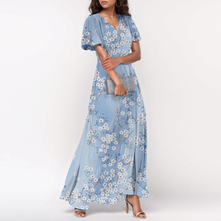 Elegante Lässige Blumen-Maxikleider für Damen Sommer Hochzeitsgast Chiffon Fließend Kurzarm Niedliche Kleider