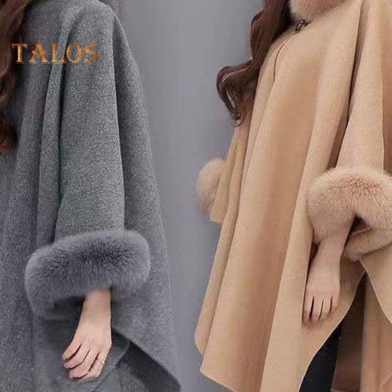 Pelerina de iarnă pentru doamnă, mâneci dolman, șal gros, guler largi, culoare uni, decor blană artificială, îmbrăcăminte caldă de zi cu zi, poncho de lucru în aer liber