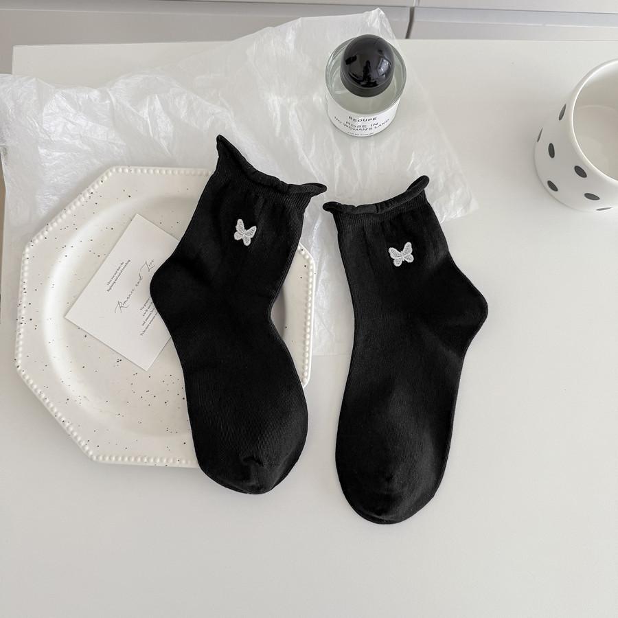 Women's Spring and Autumn Mesh Bow Embroidery Mid-calf Socks, Women's Slimming Trendy Socks, Rolled-up Postpartum Socks