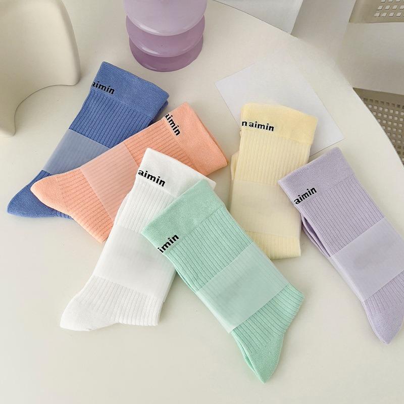 Female Spring and Autumn Macarone Solid Color Anti Pilling Sports Tall Cotton Socks