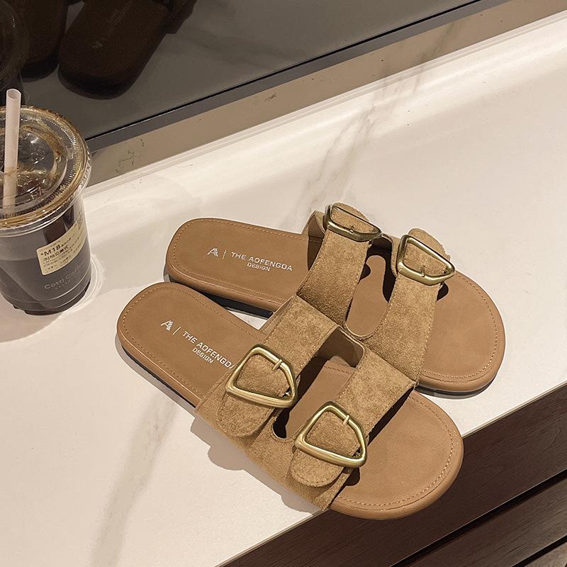 

Простые однословные драг женские модель 2025 лето новая одна педаль ленивые универсальные верхняя одежда пряжка ремня пляжные крутые шлепанцы 35 хаки