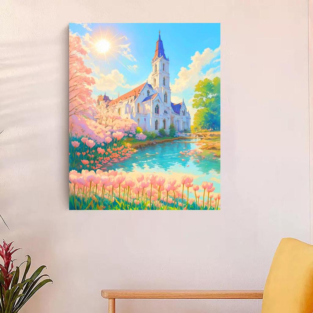 RUOPOTY Moderní DIY Malování podle čísel s rámem Hrad a květiny Ručně malované Akrylové barvy podle čísel pro domácí dekorace